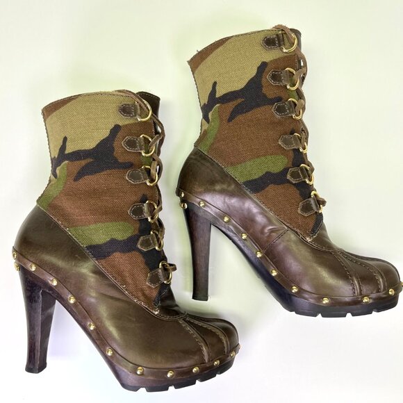 Michael Kors Shearling Lined Lace Up Grommet Camo Boots Size US 7 M Camouflage